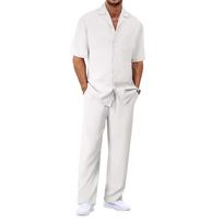 Quick Drying Breathable Vacation Men's Summer Cotton Blend Two-piece Casual Beach Shirt Loose Shorts Set Wearing Multiple Colors XXL