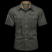 Summer outdoor tooling short-sleeved shirt men's multi-pocket washed cotton loose large size casual military shirt 3XL armijos žalia spalva