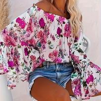 Women's One-shoulder Top Sexy Oversized Batwing 3/4 Sleeve Floral Print Blouses Ruffles Tie-Up Tunic Shirts S rožinė raudona spalva
