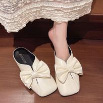 Shoes for Women Sexy with Bow Flat Woman Mules Slippers Silver Sandals Waterproof Small Size Chic and Elegant Non Slip 39 Slides 35