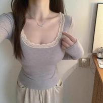 Pure Desire Lace Trim Dopamine U-Neck Slim Fit Long Sleeve Top for Autumn/Winter S rožinė