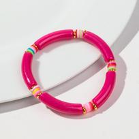 Boho Acrylic Bamboo Tube Stack Bracelets for Women New Colorful Curved Polymer Clay Beads Elastic Bangle Friendship Jewelry Gift ryškiai rožinė