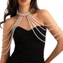 Sophisticated Faux Pearls Body Chain Necklace Shoulder Decoration For Women Pageant Prom Club Headwear brown