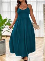 Women's Sexy Spaghetti Strap Long Dress – Casual, Solid Color, Nightgown Style 1XL povo mėlyna spalva