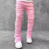Men's Fashion Jeans Work Pants, European and American Fashion Workwear Elastic Patchwork Denim Layered Flared Pants XS-XXL S