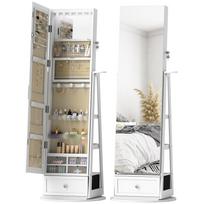 Veidrodinė papuošalų spintelė su LED apšvietimu ir pilno ilgio 360 laipsnių pasukamu veidrodžiu, stalčiaus užraktas, balta 56 x 56 x 164 cm