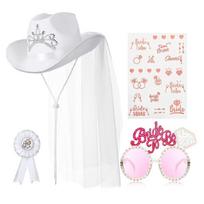 Bride to Be Set Glasses & Cowboy Hat Veil Badge Sunglasses Set Photo Props 1 white