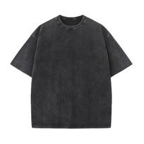 Washed Black Distressed Trendy Brand Shirt Summer Gram Combed Cotton Back Wrap Collar Loose Base Crew Neck High Street Shirt 2XL juoda