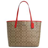 COACH shoulder bag City 33 Retro Old Flower Printed Magnetic Closure Artificial Leather Tote Shopping Handbag Large Women's Khaki Colored Miami Red raudona