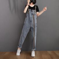 Bib Pants Women's Spring and Autumn Clothes Women's Western Style Loose Autumn Clothes Leopard Pattern Bib Jeans Women's Trousers XXL mėlyna