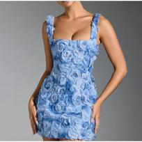 Summer 2026 Sexy Square Collar 3D Flower Slim Fit Sleeveless Strapless Short Dress Fashionable Women's Clothing Mini Dresses S dangaus mėlyna spalva