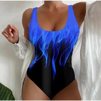 Summer Sexy Flame Pattern Printed One-piece Swimsuit Slim Fit and Slimming, Deep U-back Design, Beach Pool Vacation Eye-catching Fashion Swimsuit XS mėlyna