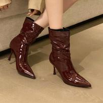 Fashion Sexy High Heels Ankle Boots Women Pointed Toe Heeled Shoes Pleated Designer 2025 Winter Chelsea Lether Shoes Luxury Pumps Botas 35 vyno raudonos spalvos