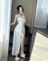 Temperament celebrity pure desire sexy mesh splicing tube top long primer dress nightclub overalls S balta