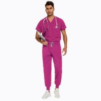 In Stock Plus Size V-Neck Nurse Uniform Set: Short Sleeve, Unisex, Korean Style Double Extra Large rožinė raudona spalva
