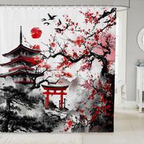 Japanese-Style Shower Curtain for Bathroom Decor Kids Cherry Blossoms Building Bath Curtain for Boys Girls Sunset Fuji Mountain (as the picture,90x180CM)