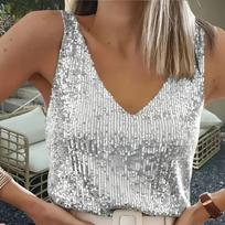 Women Sexy Sequined V Neck Slim Fit Strappy Summer Casual Top S sidabras