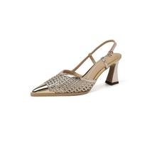 Fashion Hollow Cutout French Sexy Kitten Heel Breathable Sandals Metal Pointed Toe Shallow Mouth Woven One-Slip Strap High Heels 35 auksas