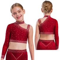 Kids Girls Dance Top Sparkly Rhinestones Crop Top, Unique Irregular Shoulder Design for Stage Performance & Dance Competition 5-6 Years