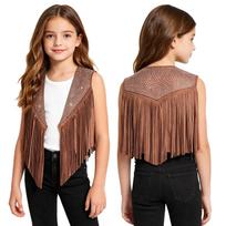 Kids Country Cowgirl Vest with Tassels and Sparkly Rhinestones Sleeveless Open Front for Dress Up Play Cosplay 3-4 Years