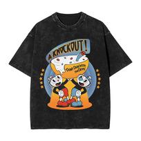 2026 Summer Vintage Washed T Shirt Cuphead Vintage Sunset T-Shirts Harajuku Cartoon Streetwear Cotton Graphic Tops 3XL įvairiaspalvis