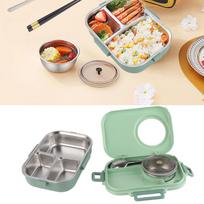 Terminis maisto dėklas 1100ml Dvigubo sluoksnio 3 skyrelių dizainas 304 nerūdijančio plieno Bento dėžutė su lazdelėmis, šaukštu, sriubos dubenėliu Žalia beige