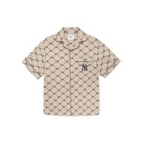 MLB New York Yankees Basic Logo Jacquard Diamond Pattern Loose Fit Single-Breasted Casual Short Sleeve Shirt Unisex shirts Beige 3AWSM0223-50BGS XS