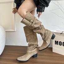 Korean version of big tube circumference stacking boots women's thick heel but knee boots 2025 autumn belt buckle western boots fashion boots 35 chaki