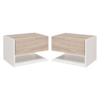Set of 2 Wall-Mounted Bedside Tables - Wall Nightstands - Sliding Drawer - Two-Tone Wood Light Oak Look White 46 x 30 x 30 cm