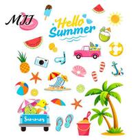 Holiday Party Decorations 2Pcs Hello Summer Beach Window Clings, Tropical Hawaiian Coconut Tree Flamingo Glass Stickers Decals, Watermelon A