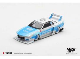 PRE-ORD3R MINI GT Modeliukas 1/64 2026 Nissan Skyline GTR (R32) LBWK Kaido Works Amoculture, white/blue
