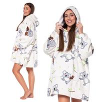 Džemperis-antklodė Kocobluza 2 viename Oversize XXL Gobtuvas Storas Šerpa Baltas su Koala, Universalus