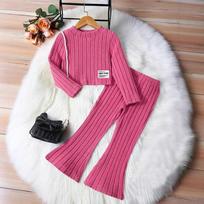 Girls' Autumn Long-sleeved T-shirt Fashionable Warm Bell-bottom Suit Spring and Autumn 34Y rožinė