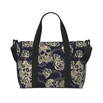 Goth Skull with Flowers Travel Duffel Bag for Women Workout Weekender Overnight Bags Large Capacity Waterproof Luggage Handbag black