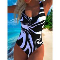Summer Sexy Geometric Pattern Printed One-piece Swimsuit Slim Fit and Slimming, Deep U-back Design, Beach Pool Vacation Eye-catching Fashion Swimsuit XS
