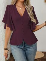 Women V Neck Flare Sleeve Blouse Casual Button Up Peplum Top Solid Color Summer S tamsiai raudona spalva