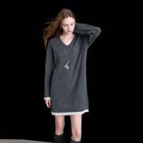 Sancai 2025 Winter V-Neck Lace-Trim Knitted Mini Dress S