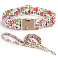 Floral Print Dog Collar and Leash Set Adjustable Soft Nylon Pet Collar with Metal Buckle Dog Lead for Daily Walking Training (as the picture,XS)
