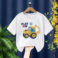 Boys' 2025 Excavator Cartoon Print Short-Sleeved Cotton T-Shirt - Summer Casual Top for Medium & Large Kids 120 cm