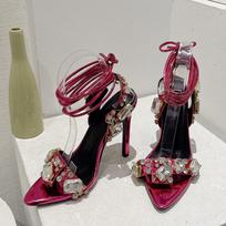 Sexy Green Cross Ankle Strap Sandals Women Party Club Stripper Heels High Quality Crystal Diamond Pointed Toe Wedding Shoe 35