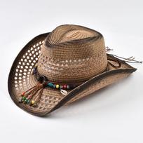 Bohemian Style Straw Cowboy Hat Women Men Hollow Out Sun Protection Beach Hat for Summer, Breathable Straw Material One Size black