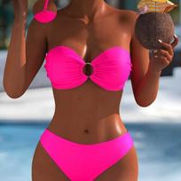 European and American tube top bikini women's ring hollow thin shoulder strap split swimsuit seaside vacation high waist two-piece swimsuit S