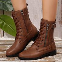 Fashion Fall New Vintage Soft Sole Mid-Tube Boots Versatile Round Toe Metal Buckle Side Zipper Flat Lace-Up Fashion Boots 36 ruda
