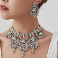 Indian Choker Necklace Set for Women, Ethnic Boho Crystal Beaded Jewelry Set with Tassel Earrings, Wedding Bridal Party Accessories