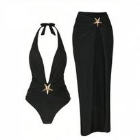 2Pcs/Set Women Monokini Set Sexy Deep V-Neck One-Piece Swimsuit with Solid Color Skirt Starfish Decor Quick Drying Poolside Swimwear S
