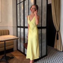 French fashion sexy temperament satin V-neck big halter yellow suspender dress birthday dinner dress long dress S