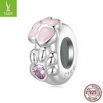 Pink Girly Cat Claw Diy Bracelet Silicone Positioning Spacer Beads, Cute S925 Sterling Silver Beads. S925