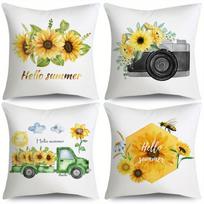4pcs Fresh Pastoral Style Bee Sunflower Vintage Camera Throw Pillow Covers Green Pickup Truck Hello Summer Decorative Cushion Case for Bedroom Sofa 18 X 18-Inch