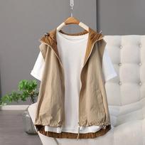 Fashion Contrast Vest Coat Women  Double-sided Penetrate Hooded Vest Female Spring Summer Sleeveless Waistcoat Female Tops S smėlis