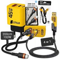 Greitas įkroviklis GaN 45W PD QC su 2 laidais: C-C 100W 2 m ir 4in1 A/C/Lightning